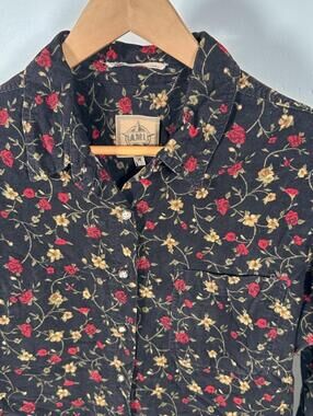 A.M.I Vintage Floral Corduroy Shirt Size M Black Red 90s Grunge Button AMI Paris